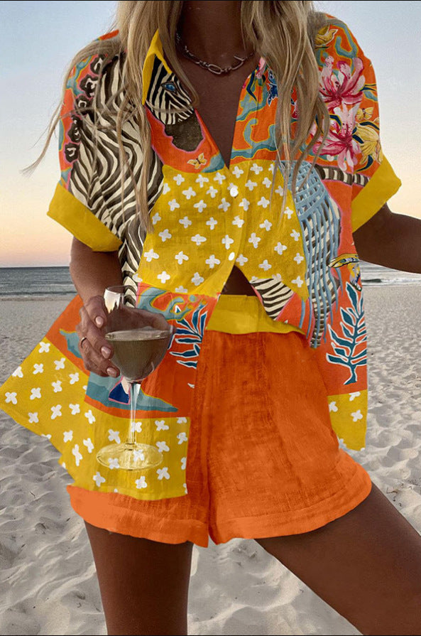 Norellia – Krótki Lniany Garnitur w Groszki