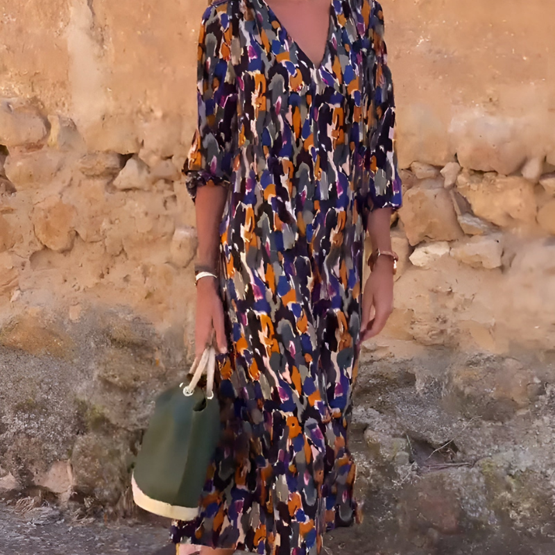 Nathalie – Sukienka | Damska | Retro wzór, dekolt w serek, bufiaste rękawy | Kobiecy fason | Styl dzienny i wieczorowy | IVY&CO