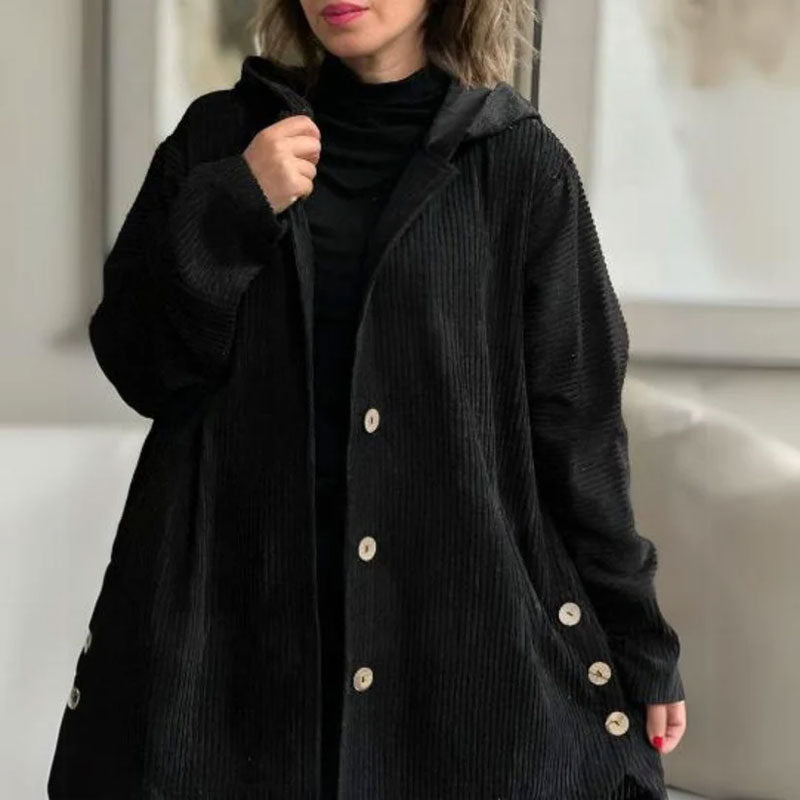 Monika™ | Czarny Płaszcz Damski z Weluru z Eleganckim Kapturkiem