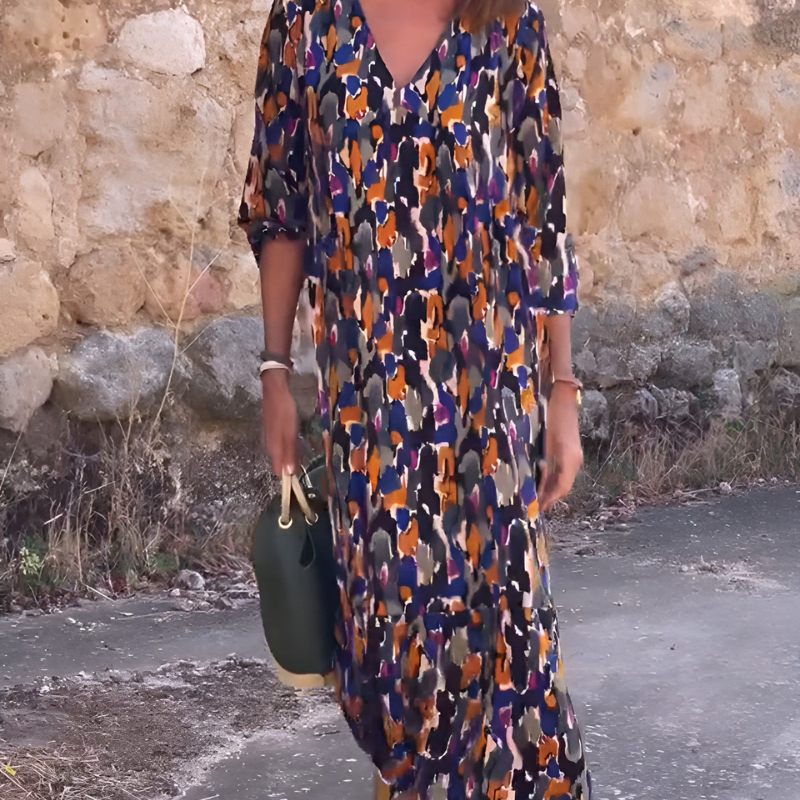 Nathalie – Sukienka | Damska | Retro wzór, dekolt w serek, bufiaste rękawy | Kobiecy fason | Styl dzienny i wieczorowy | IVY&CO