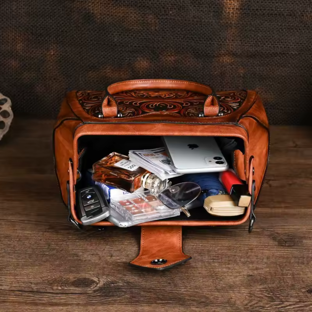 Florina - Skórzana torebka ręczna z grawerem i motywem kwiatowym