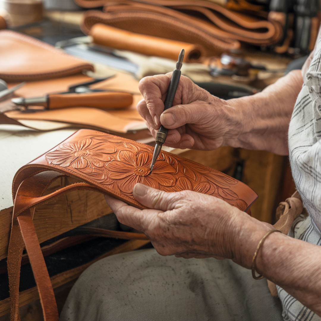 Florina - Skórzana torebka ręczna z grawerem i motywem kwiatowym