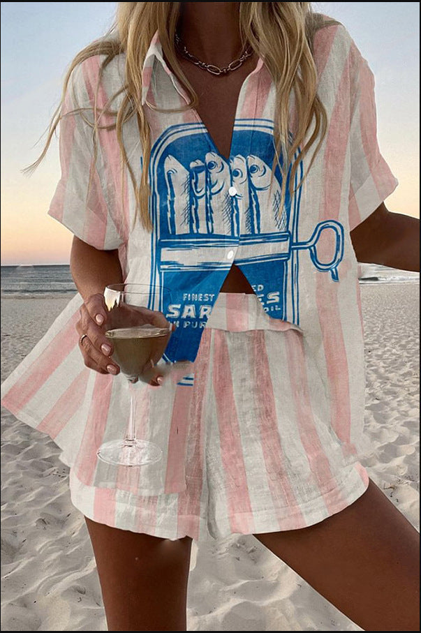 Silava – Krótki Lniany Garnitur z Nadrukiem Sardynek