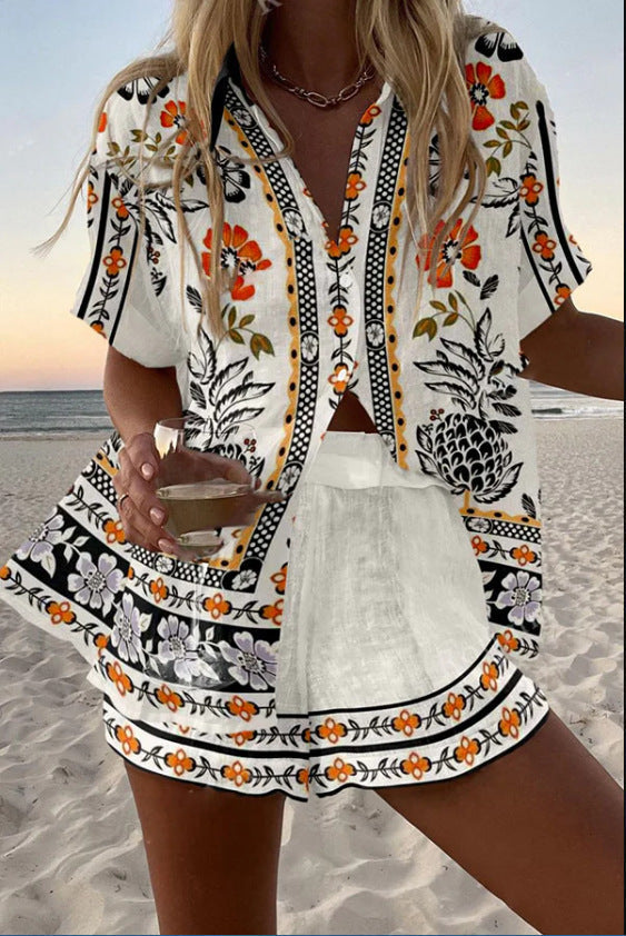 Irella – Krótki Lniany Garnitur w Kwiatowy Wzór