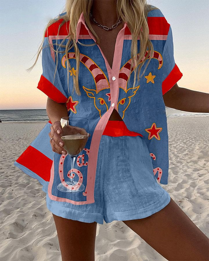 Jorelle – Krótki Lniany Garnitur z Nadrukiem Kóz