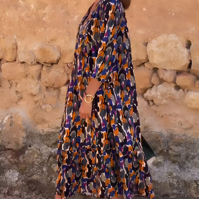 Nathalie – Sukienka | Damska | Retro wzór, dekolt w serek, bufiaste rękawy | Kobiecy fason | Styl dzienny i wieczorowy | IVY&CO