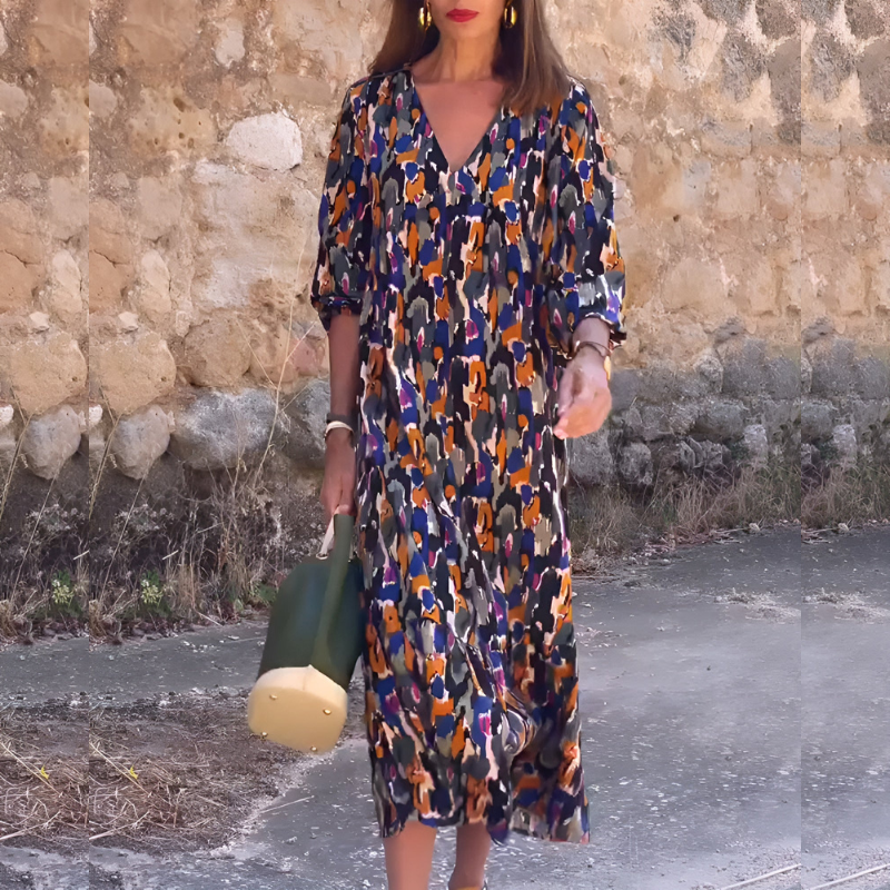 Nathalie – Sukienka | Damska | Retro wzór, dekolt w serek, bufiaste rękawy | Kobiecy fason | Styl dzienny i wieczorowy | IVY&CO