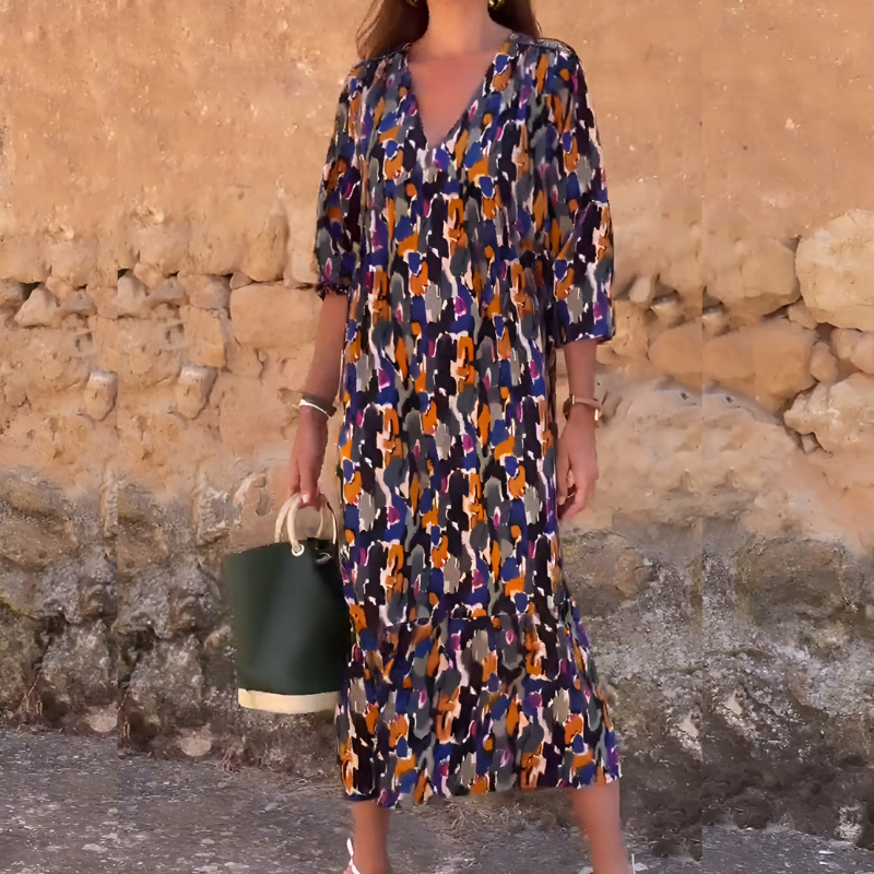 Nathalie – Sukienka | Damska | Retro wzór, dekolt w serek, bufiaste rękawy | Kobiecy fason | Styl dzienny i wieczorowy | IVY&CO